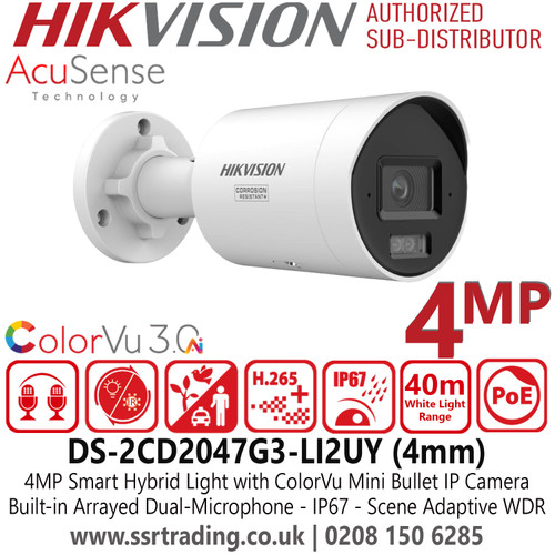 Hikvision 4MP Smart Hybrid Light with ColorVu Mini Bullet IP PoE Camera with 4mm Fixed Lens, ColorVu Technology - Hybrid Light Technology - Scene-Adaptive WDR - DS-2CD2047G3-LI2UY (4mm)