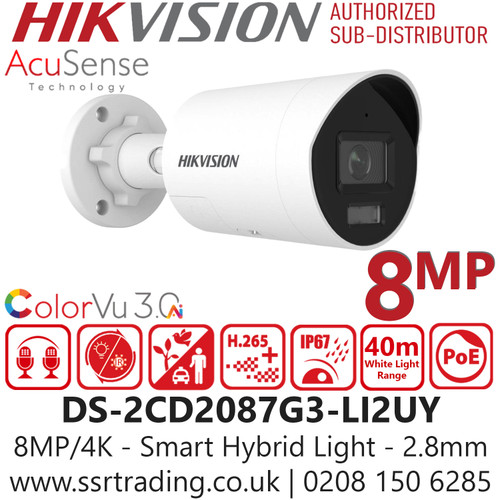 Hikvision DS-2CD2087G3-LI2UY (2.8mm) 8MP/4K Smart Hybrid Light Bullet IP PoE Camera with 2.8mm Lens - Built in Mic - Two Way Audio - IP67 Water and Dust Resistant - Scene-adaptive WDR 