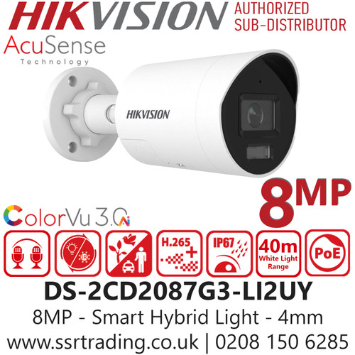DS-2CD2087G3-LI2UY (4mm) Hikvision 8MP Smart Hybrid Light Bullet IP PoE Camera with 4mm Fixed Lens - Two way Talk - Built in Mic - IP67 Water and Dust Resistant
