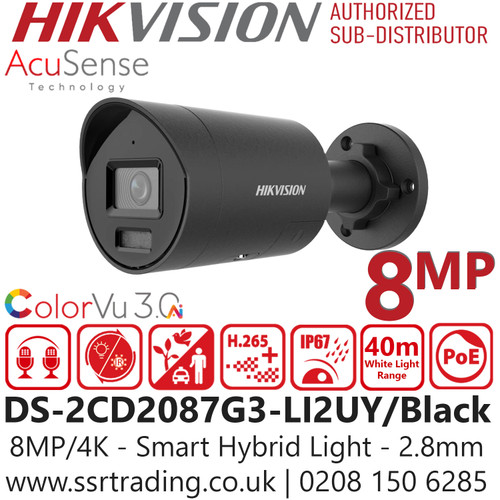 Hikvision DS-2CD2087G3-LI2UY/Black (2.8mm) 4K/8MP Smart Hybrid Light Bullet IP PoE Camera 