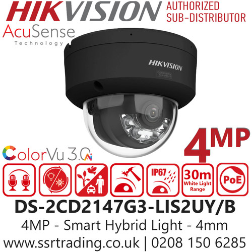 Hikvision 4MP Smart Hybrid Light ColorVu Dome IP Camera - DS-2CD2147G3-LIS2UY/Black (4mm)
