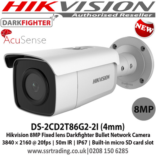 Hikvision DS-2CD2T86G2-2I AcuSense 8MP fixed lens Darkfighter bullet camera with IR  8MP high resolution (4K) 4mm fixed lens Powered by Darkfighter for Ultra Low Light Triple stream Up to 50m IR IP67 120dB WDR Supports on board storage 