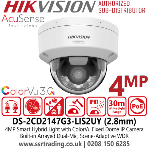 DS-2CD2147G3-LIS2UY (2.8mm) Hikvision 4MP Smart Hybrid Light ColorVu Dome IP PoE Camera with 2.8mm Lens - ColorVu 3.0 Technology - Scene-adaptive WDR - Built-in Arrayed Dual-Microphone - IP67 - IK10 - Anti-Corrosion Design 