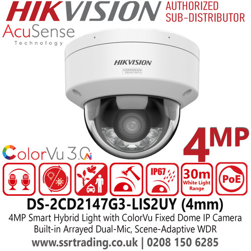 Hikvision DS-2CD2147G3-LIS2UY (4mm) 4MP Smart Hybrid Light ColorVu Dome IP Network Camera with 4mm Lens - ColorVu 3.0 Technology - Scene-adaptive WDR - Built-in Arrayed Dual-Microphone - IP67 - IK10 - Anti-Corrosion Design 