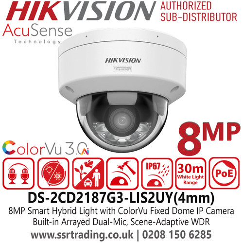 DS-2CD2187G3-LIS2UY(4mm) Hikvision 8MP/4K Smart Hybrid Light with ColorVu Dome IP PoE Camera with Two-way Talk - 4mm Lens - 30m White Light Range - IP67 Water and Dust Resistant - IK10 Vandal Resistant - Anti-Correction Protection - Built in Mic