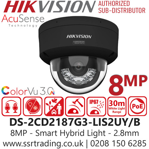 Hikvision 8MP Smart Hybrid Light ColorVu Dome IP Camera - DS-2CD2187G3-LIS2UY/Black(2.8mm) 