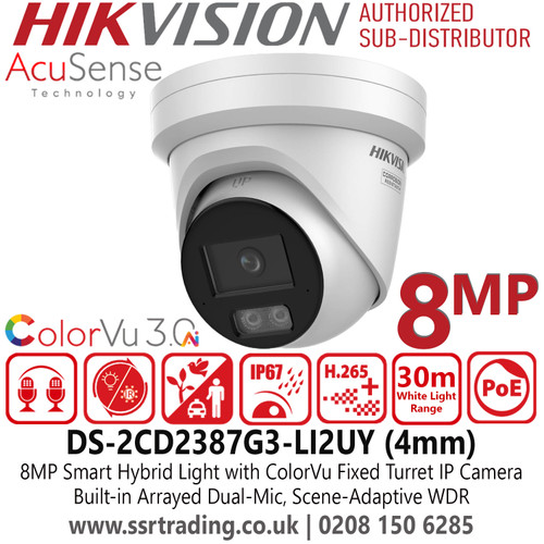 Hikvision DS-2CD2387G3-LI2UY (4mm) 8MP Smart Hybrid Light with ColorVu Turret IP PoE Camera - 30m White Light Range - Two-way Audio - IP67 Water and Dust Resistant - Anti-Corrosion Design Offers Durability and Reliability