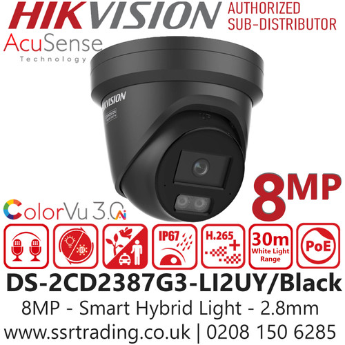 Hikvision DS-2CD2387G3-LI2UY/Black (2.8mm) 8MP Two-Way Audio Smart Hybrid Light Turret IP PoE Camera with 2.8mm Fixed Lens - ColorVu Technology - Scene-Adaptive WDR - Anti-Corrosion Design - Water and Dust Resistance: Rated IP67 