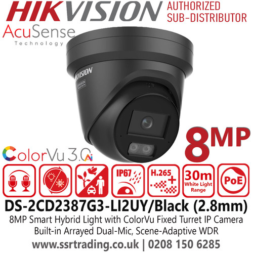 Hikvision DS-2CD2387G3-LI2UY/Black 4K/ 8MP Two-Way Audio Smart Hybrid Light Turret IP PoE Camera with 2.8mm Fixed Lens - ColorVu Technology - Scene-Adaptive WDR - Anti-Corrosion Design - Water and Dust Resistance: Rated IP67 