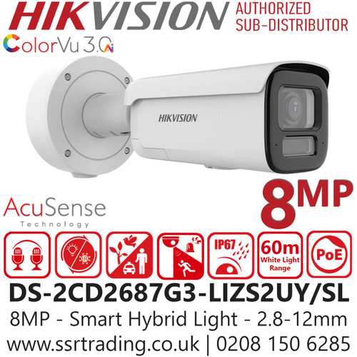 Hikvision 8MP Smart Hybrid Light with ColorVu Bullet IP Camera with 2.8-12 mm Motorized Varifocal Lens - Built-in Dual Microphones - Water and Dust Resistant (IP67) and Vandal Resistant (IK10) - DS-2CD2687G3-LIZS2UY/SL (2.8-12mm)