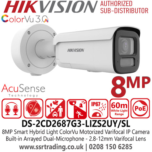 Hikvision 4K DS-2CD2687G3-LIZS2UY/SL Smart Hybrid Light with ColorVu Bullet IP PoE 8MP Camera with 2.8-12 mm Motorized Varifocal Lens - Built-in Dual Microphones - Water and Dust Resistant (IP67) and Vandal Resistant (IK10)