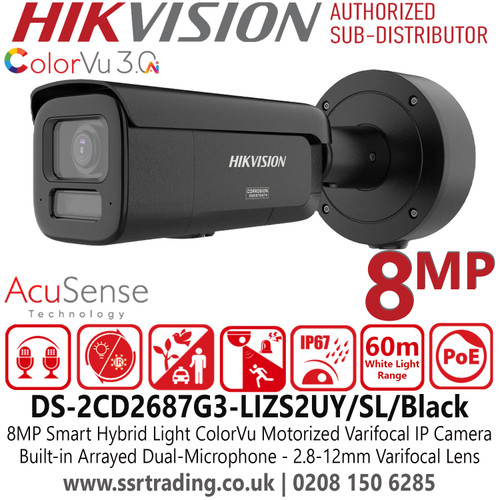 DS-2CD2687G3-LIZS2UY/SL/Black (2.8-12mm) Hikvision 8MP/4MP Smart Hybrid Light with ColorVu Varifocal Bullet IP PoE Camera - Built-in Dual Microphones - 60m White Light Range - IP67 Water and Dust Resistant