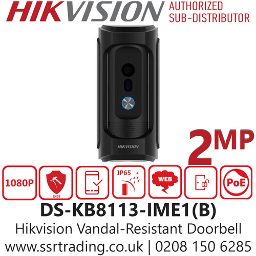 Hikvision DS-KB8113-IME1(B) Vandal-Resistant Doorbell - 2MP HD Camera with IR Supplement - IK09 & IP65 Ratings - Standard PoE Power Supply - Built-in Microphone and Speaker - Web Configuration Support - Supports Mechanical Doorbell