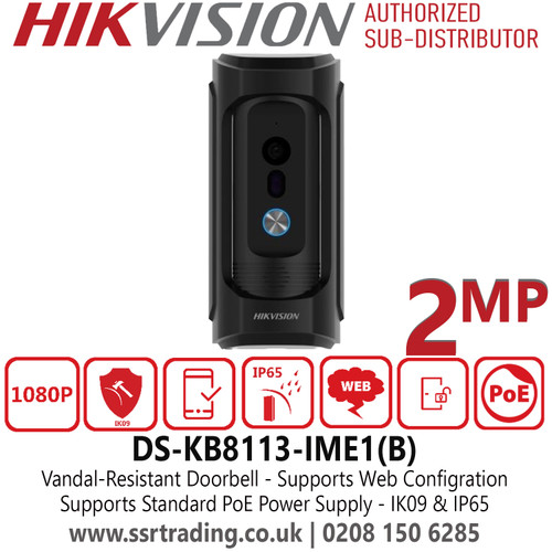 Hikvision DS-KB8113-IME1(B) Vandal-Resistant Doorbell - 2MP HD Camera with IR Supplement - IK09 & IP65 Ratings - Standard PoE Power Supply - Built-in Microphone and Speaker - Web Configuration Support - Supports Mechanical Doorbell