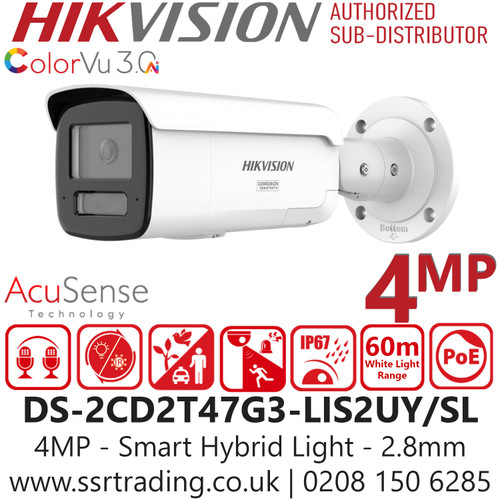 Hikvision 4MP Smart Hybrid Light Bullet IP PoE Camera with 2.8mm Lens - 4MP Resolution (2688x1520) - Smart Hybrid Light integrating IR and White Light - Active Strobe Light and Audio Alarm - IP67 Weather Resistance - DS-2CD2T47G3-LIS2UY/SL (2.8mm)