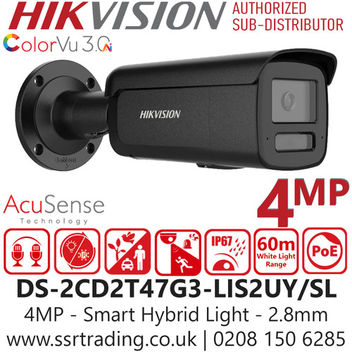 Hikvision DS-2CD2T47G3-LIS2UY/SL/Black (2.8mm) 4MP Smart Hybrid Light Bullet IP PoE Camera with 2.8mm Lens - ColorVu Technology - 24/7 full-color imaging - HikAI-ISP - Built-in Dual Microphones - Advanced Motion Detection, AI-enhanced imaging 