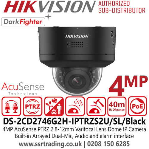 Hikvision DS-2CD2746G2H-IPTRZS2U/SL/Black 4MP AcuSense PTRZ Dome IP Camera with Motorized varifocal lens (2.8~12 mm), Siren and Deterrent Light, Dual Array Microphone, PoE+, Audio, Alarms, Motion Detection 2.0 and Facial Recognition 