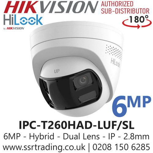 HiLook IPC-T260HAD-LUF/SL (2.8mm) 6MP Dual Lens Stitched Wide Angle Smart Hybrid Light Turret IP PoE Camera with 2.8mm Lens