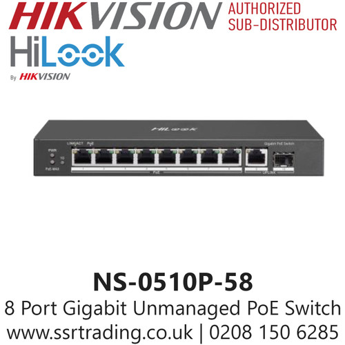 HiLook NS-0510P-58 8Port Gigabit Unmanaged PoE Switch – 58W Budget, 6KV Surge Protection, Metal Housing