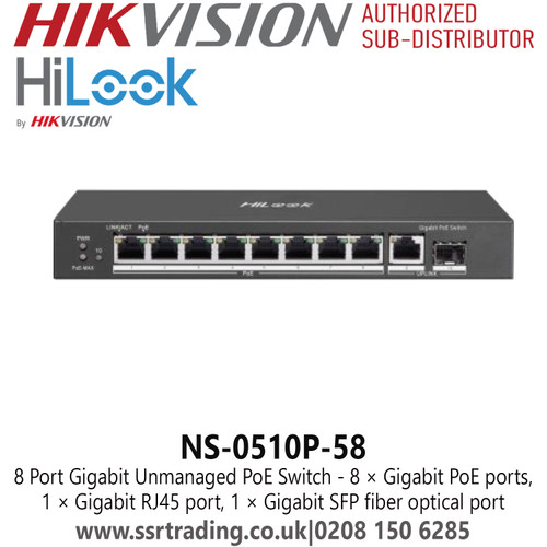 HiLook NS-0510P-58 8Port Gigabit Unmanaged PoE Switch – 58W Budget, 6KV Surge Protection, Metal Housing