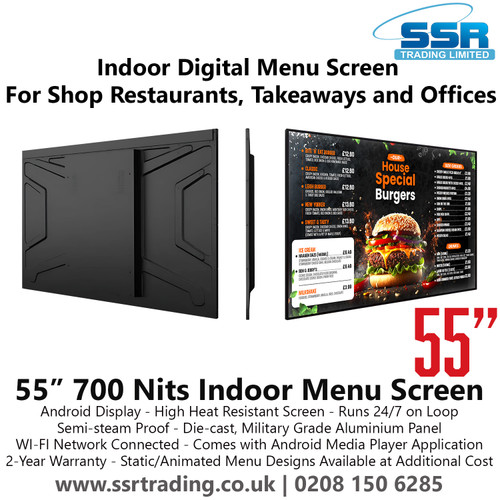 55” 700 Nits Indoor Digital Menu Screen for Shop Restaurants, Takeaways and Offices