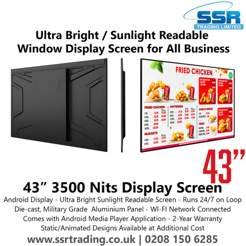 43" 3500 Nits Ultra Bright / Sunlight Readable Window Display Screen for All Businesses