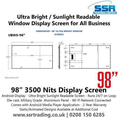 98 inch 3500 Nits Ultra Bright / Sunlight Readable Window Display Screen for All Businesses