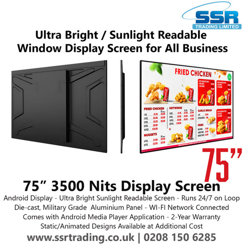 75 inch 3500 Nits Ultra Bright / Sunlight Readable Window Display Screen for All Businesses