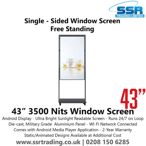 43" 3500 Nits Ultra Bright / Sunlight Readable Single-Sided Window Screen with Free Standing