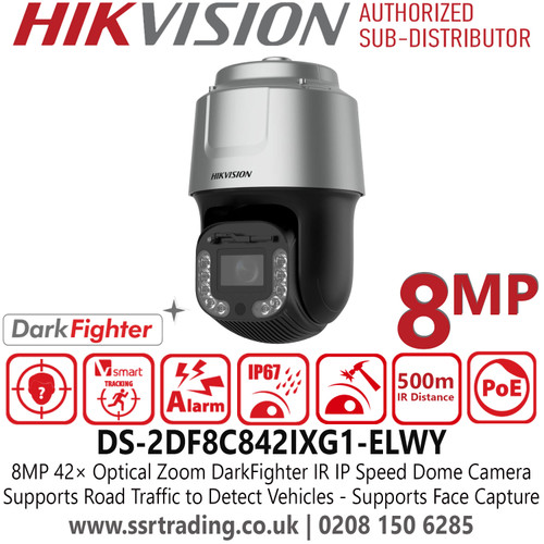 Hikvision DS-2DF8C842IXG1-ELWY 8MP (4K) IP PoE PTZ (Pan-Tilt-Zoom) Camera Featuring 42x optical zoom, advanced DarkFighter low-light performance, and a long 500m IR range for expansive night vision