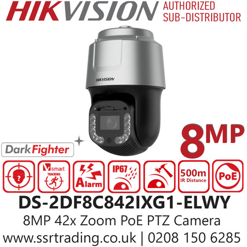 DS-2DF8C842IXG1-ELWY Hikvision 8MP (4K) IP PoE PTZ (Pan-Tilt-Zoom) Camera Featuring 42x optical zoom, advanced DarkFighter low-light performance, and a long 500m IR range for expansive night vision 