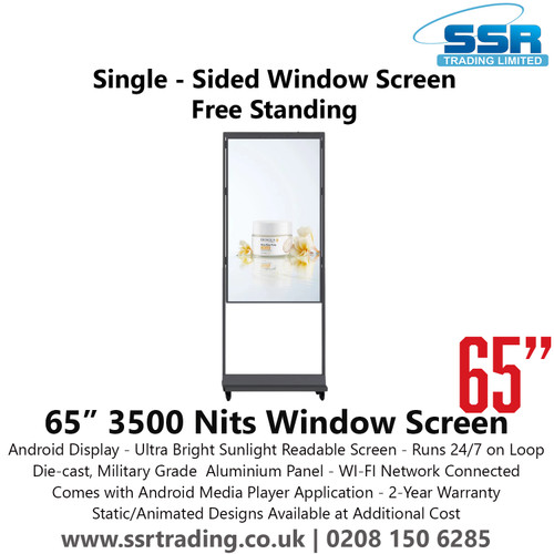 65" 3500 Nits Ultra Bright / Sunlight Readable Single-Sided Window Screen with Free Standing