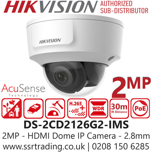 Hikvision 2MP Dome IP Network Camera with an AcuSense feature, meaning it uses deep learning for targeted alarm triggering and features 120 dB True WDR, H.265+ compression, and HDMI output for direct HD live view - DS-2CD2126G2-IMS (2.8mm)