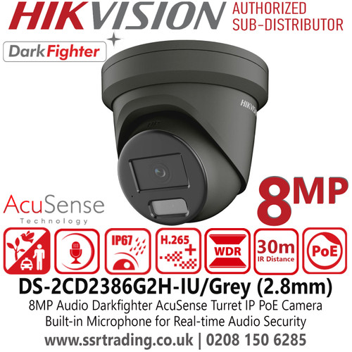 Hikvision DS-2CD2386G2H-IU/Grey 8MP Turret IP PoE Camera with 2.8mm Lens, Resolution: 8 MP (3840 × 2160), Low-Light Performance, AcuSense Technology, Audio Recording, IP67 Rating, H.265+ Compression