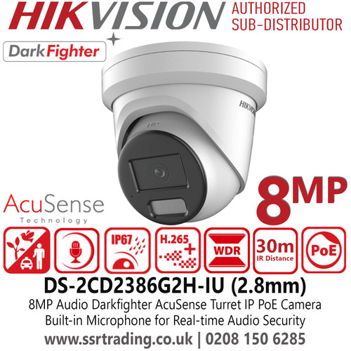 Hikvision DS-2CD2386G2H-IU 8MP/4K AcuSense DarkFighter Turret IP PoE Camera with 2.8mm Fixed Lens, Built-in Mic, IP67 Water and Dust Resistant, 30m IR Distance