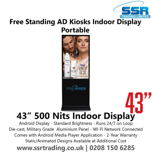 43” 500 Nits Indoor Display - Free Standing AD Kiosks Indoor Display Portable