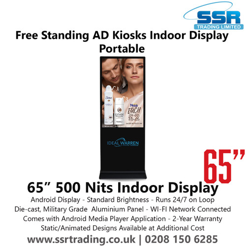 65” 500 Nits Indoor Display - Free Standing AD Kiosks Indoor Display Portable