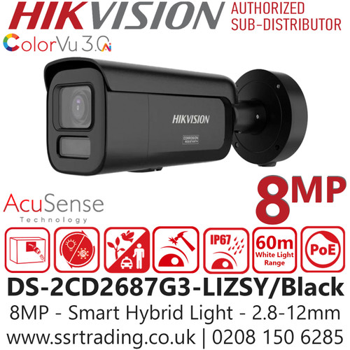 Hikvision DS-2CD2687G3-LIZSY/Black 8MP Smart Hybrid Light Bullet IP PoE Camera with ColorVu, Deep Learning Analytics, Motorized Varifocal Lens (2.8–12mm), IP67 Weatherproof, IK10, WDR, H.265+, Human/Vehicle Detection, Anti-Corrosion Design