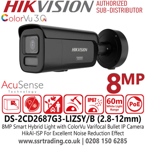 Hikvision 8MP Smart Hybrid Light Bullet IP PoE Camera with ColorVu, Deep Learning Analytics, Motorized Varifocal Lens (2.8–12mm), IP67 Weatherproof, IK10, WDR, H.265+, Human/Vehicle Detection, Anti-Corrosion Design - DS-2CD2687G3-LIZSY/Black