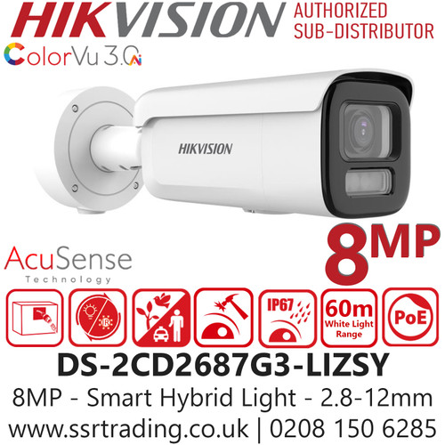 Hikvision 4K/8MP Smart Hybrid Light Bullet IP Network Camera with ColorVu, Deep Learning Analytics, Motorized Varifocal Lens (2.8–12mm), IP67 Weatherproof, IK10 Vandal-Proof, Human/Vehicle Detection, Anti-Corrosion Design - DS-2CD2687G3-LIZSY