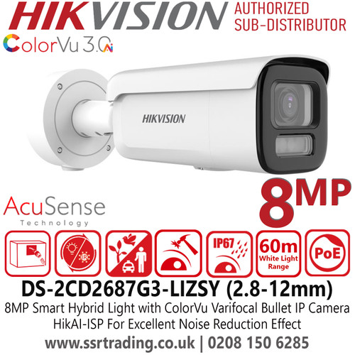 DS-2CD2687G3-LIZSY Hikvision 4K/8MP Smart Hybrid Light Bullet IP Network Camera with ColorVu, Deep Learning Analytics, Motorized Varifocal Lens (2.8–12mm), IP67 Weatherproof, IK10 Vandal-Proof, Human/Vehicle Detection, Anti-Corrosion Design