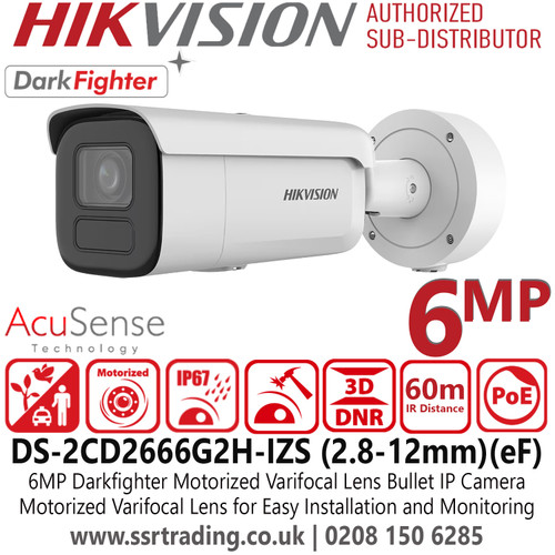 6MP Hikvision DS-2CD2666G2H-IZS IP Network Bullet Camera (2.8–12mm) – DarkFighter, AcuSense, Motorized Varifocal Lens, IP67 Water and Dust Resistant, IK10 Vandal Resistant, 60m IR Range