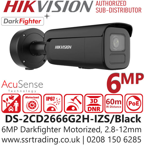 DS-2CD2666G2H-IZS/Black Hikvision 6MP IP Network Bullet Camera with Motorized Varifocal Lens (2.8–12mm) – Powered by DarkFighter - 120 dB True WDR - AcuSense Deep Learning - H.265+ Compression - IP67 - IK10 Vandal Resistant
