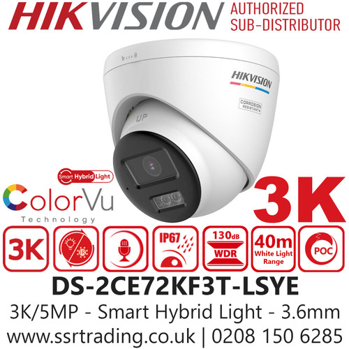 Hikvision 3K/5MP ColorVu PoC Turret Camera – Smart Hybrid Light - IP67 - DS-2CE72KF3T-LSYE (3.6mm)