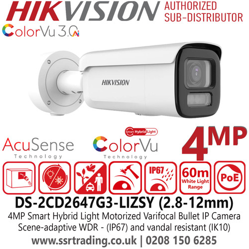 Hikvision 4MP Smart Hybrid Light IP PoE Bullet Camera – Motorized Varifocal Lens (2.8–12mm), ColorVu Full-Time Color Imaging, Deep Learning Human & Vehicle Detection, HikAI-ISP Noise Reduction, Scene-Adaptive WDR, Smart IR/White - DS-2CD2647G3-LIZSY