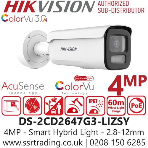 DS-2CD2647G3-LIZSY Hikvision 4MP Smart Hybrid Light IP PoE Bullet Camera – Motorized Varifocal Lens (2.8–12mm), ColorVu Full-Time Color Imaging, Deep Learning Human & Vehicle Detection, HikAI-ISP Noise Reduction, Scene-Adaptive WDR, Smart IR/White