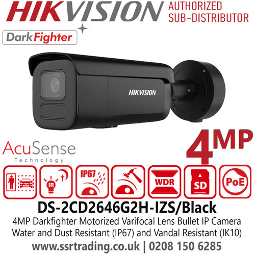 Hikvision DS-2CD2646G2H-IZS/Black 4MP AcuSense Bullet IP PoE Camera with Motorized Varifocal Lens (2.8–12mm) - IP67 Weatherproof and IK10-rated Vandal Resistant Housing