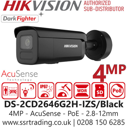 Hikvision 4MP AcuSense Bullet IP PoE Camera with Motorized Varifocal Lens (2.8–12mm) - IP67 Weatherproof and IK10-rated Vandal Resistant Housing - DS-2CD2646G2H-IZS/Black