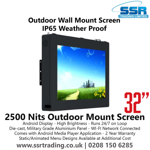 32" 2500 Nits Outdoor Mount Screen - Outdoor Wall Mount Screen IP65 Weatherproof