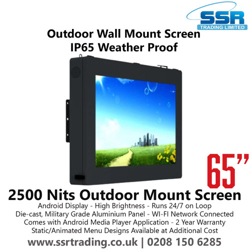 65" 2500 Nits Outdoor Mount Screen - Outdoor Wall Mount Screen IP65 Weatherproof